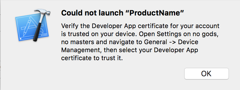 Xcode trust certificate on device dialogue